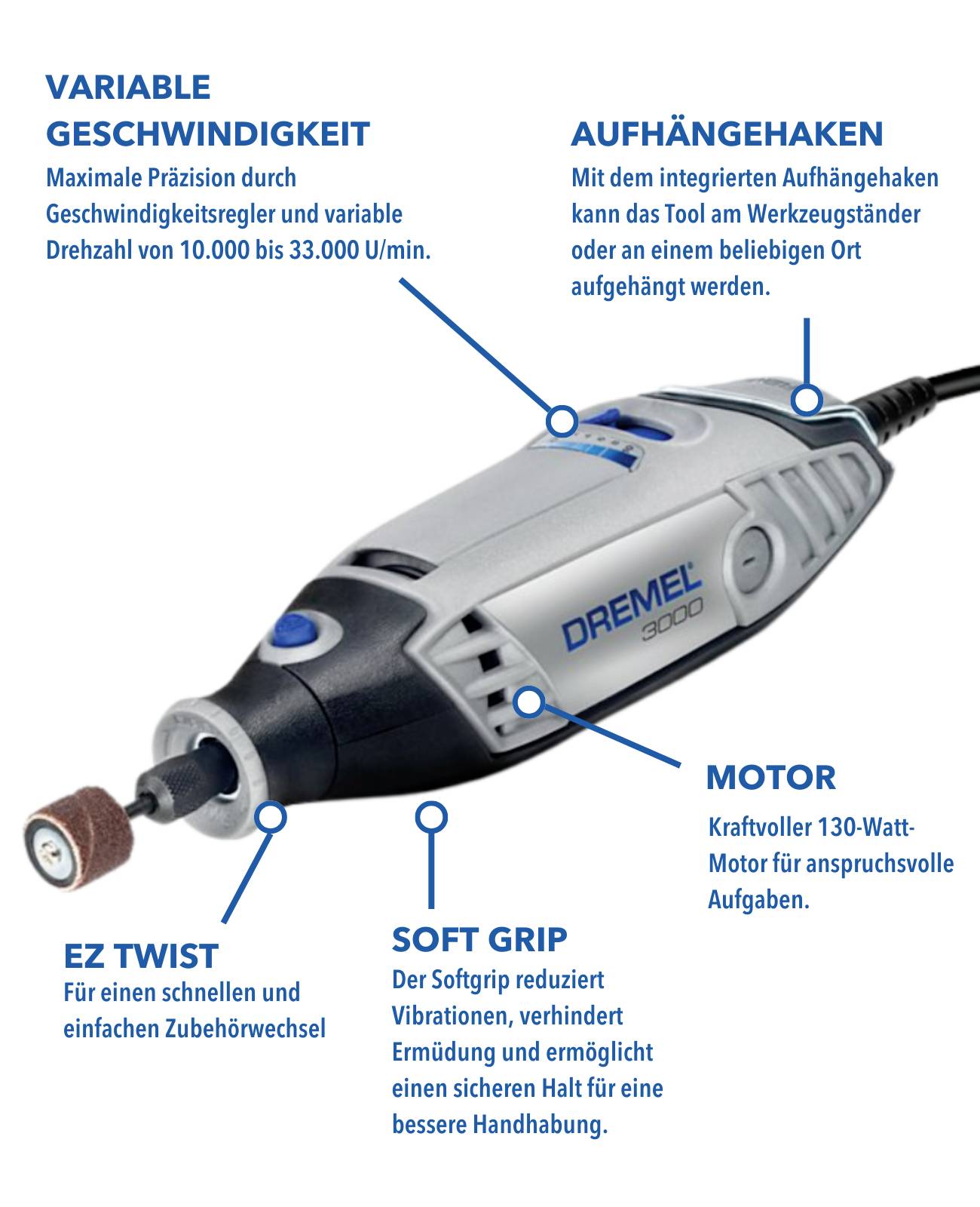 Multifunktionswerkzeug mit Etiketten für variable Geschwindigkeit, Aufhängehaken, kraftvollen Motor, EZ Twist für Zubehörwechsel, Soft Grip für besseren Halt.