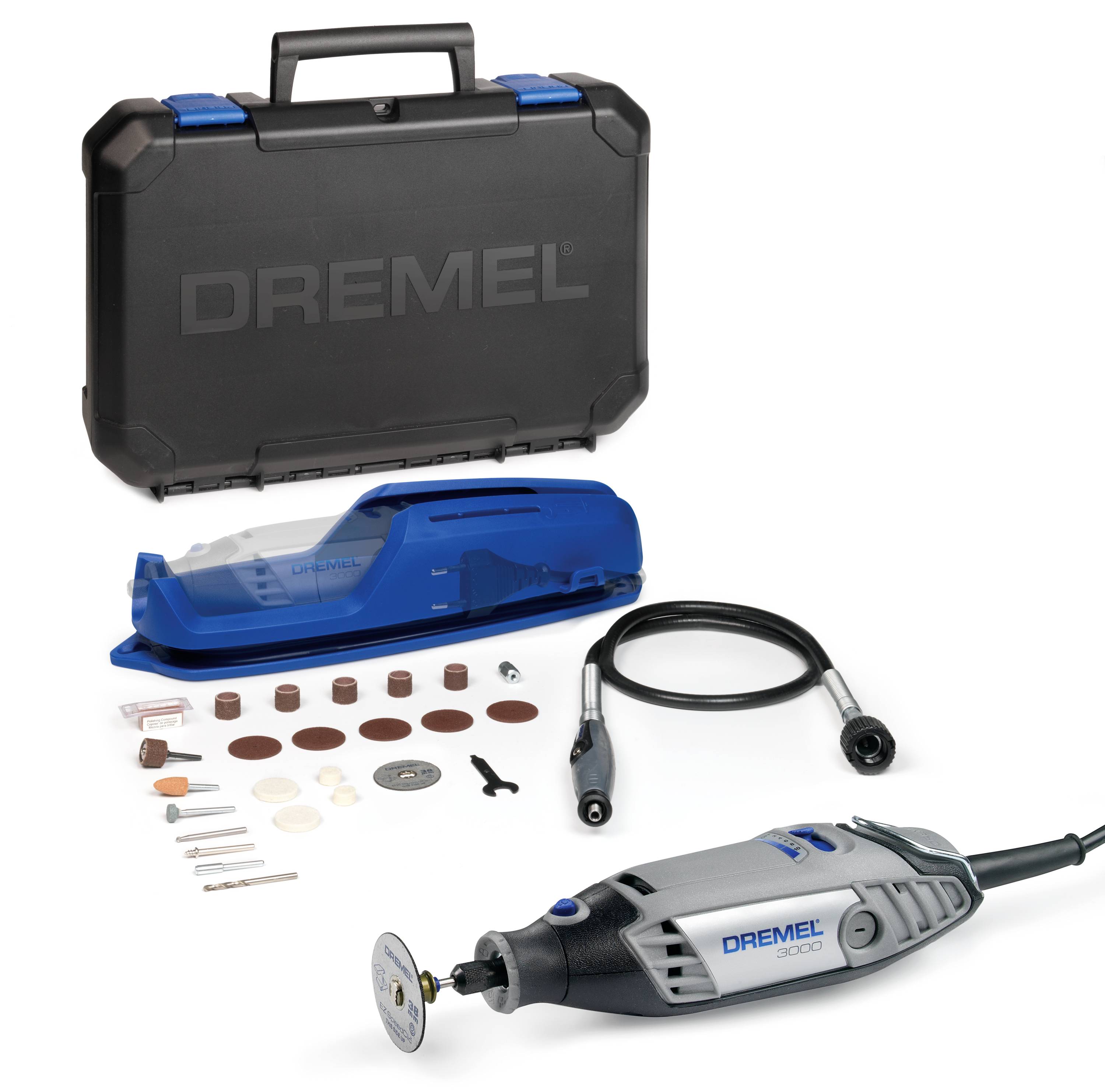 Dremel Multifunktionswerkzeug mit Zubehörset und Tragetasche, inklusive Schleif- und Schneidaufsätzen, Schrauberbits und biegsamer Welle.