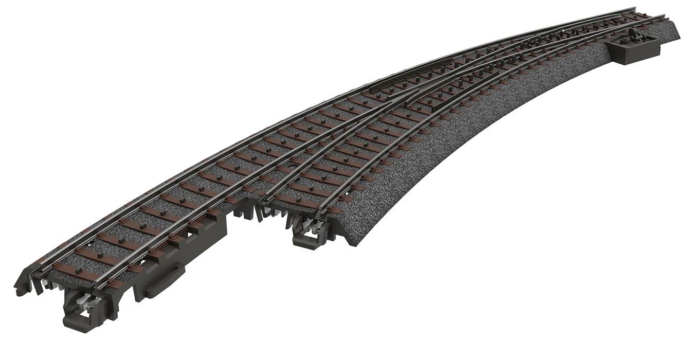 Eine gebogene Modellbahngleise mit schwarzer Bettung und einem Weichenmechanismus, geeignet für Modellzüge oder -anwendungen.