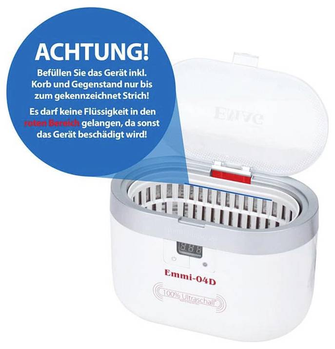 Warnhinweis für Ultraschall-Reinigungsgerät: Befüllen nur bis zum markierten Strich; keine Flüssigkeit in den roten Bereich, sonst Gerät beschädigt.