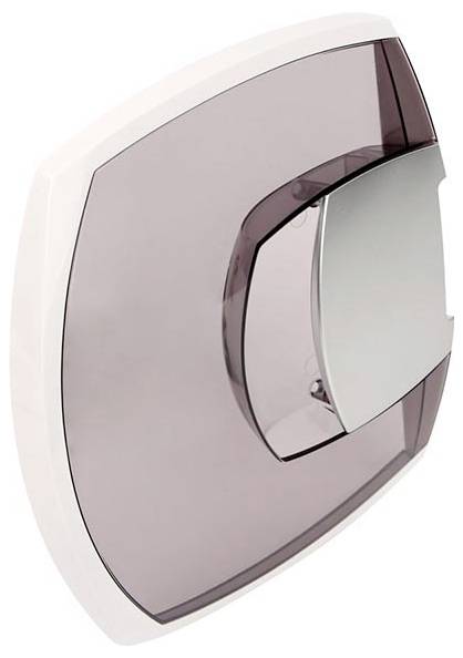 Nahaufnahme eines eleganten wandmontierten Sensors oder Steuergeräts mit einer durchscheinenden rosafarbenen Abdeckung und weißem Gehäuse.