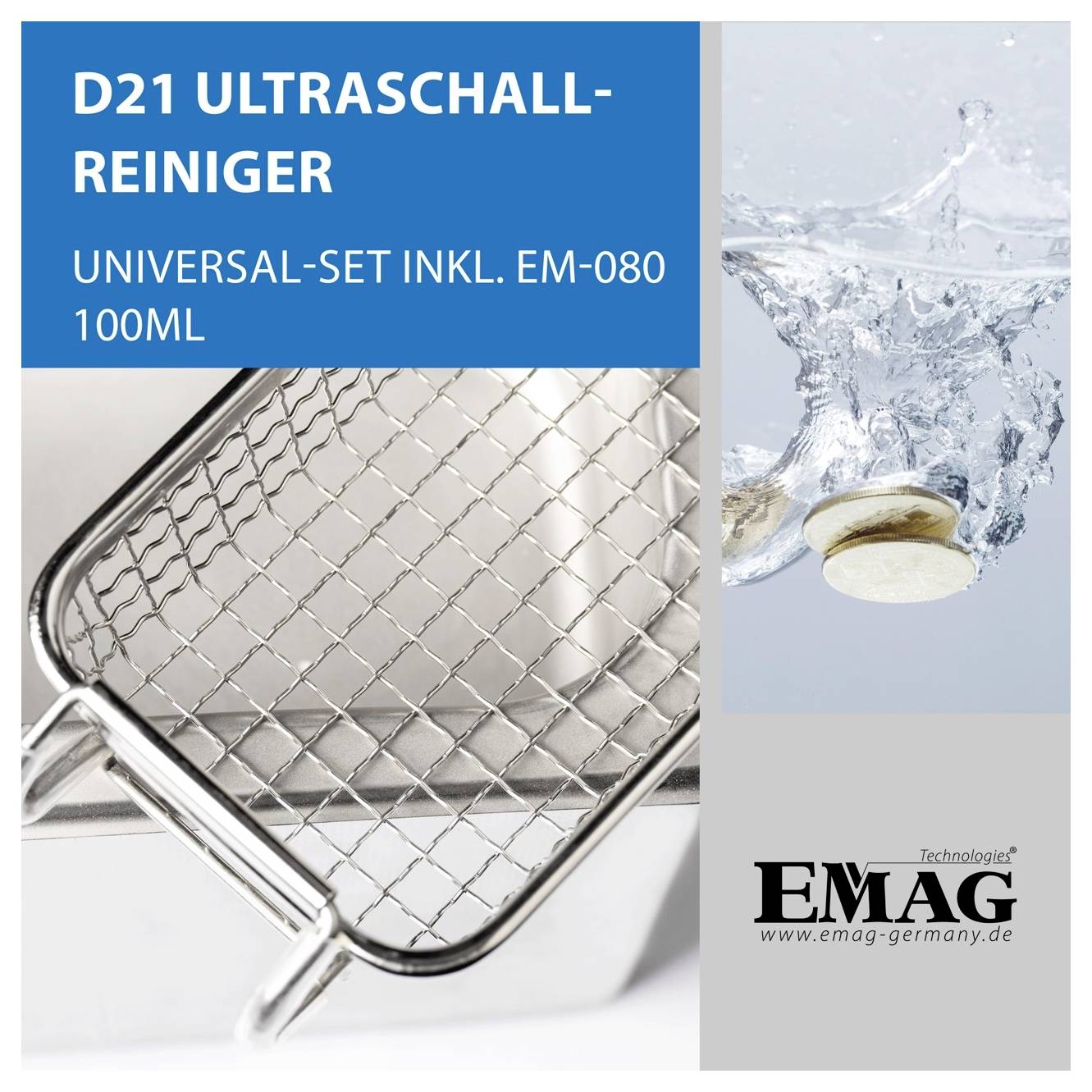 Produktbild für 'D21 Ultraschall-Reiniger' im Universal-Set inkl. EM-080 100 ml mit EMAG-Logo; gezeigt sind ein Ultraschallreinigungsbehälter und spritzendes Wasser.