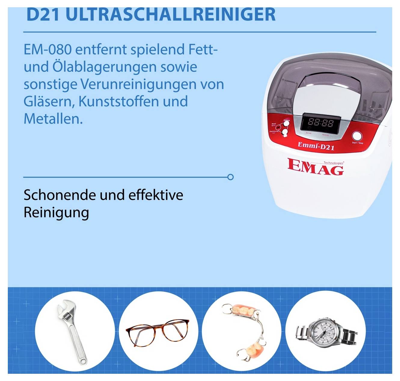 Werbeanzeige für den Ultraschallreiniger 'D21': entfernt Fett- und Ölablagerungen sowie Verunreinigungen von Glas, Kunststoff und Metall; zeigt das Gerät und gereinigte Gegenstände.