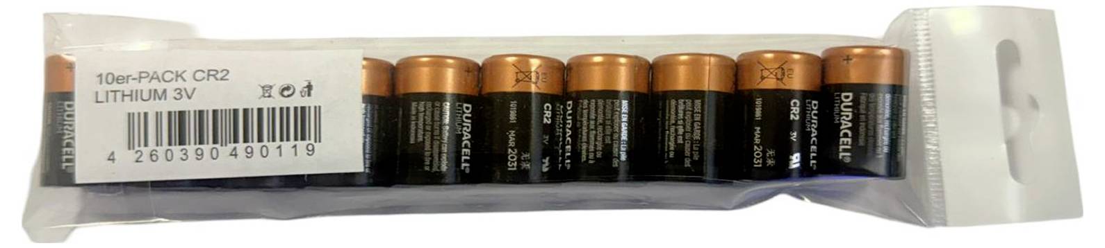 Eine Packung mit zehn CR2 Lithium 3V Batterien der Marke Duracell.