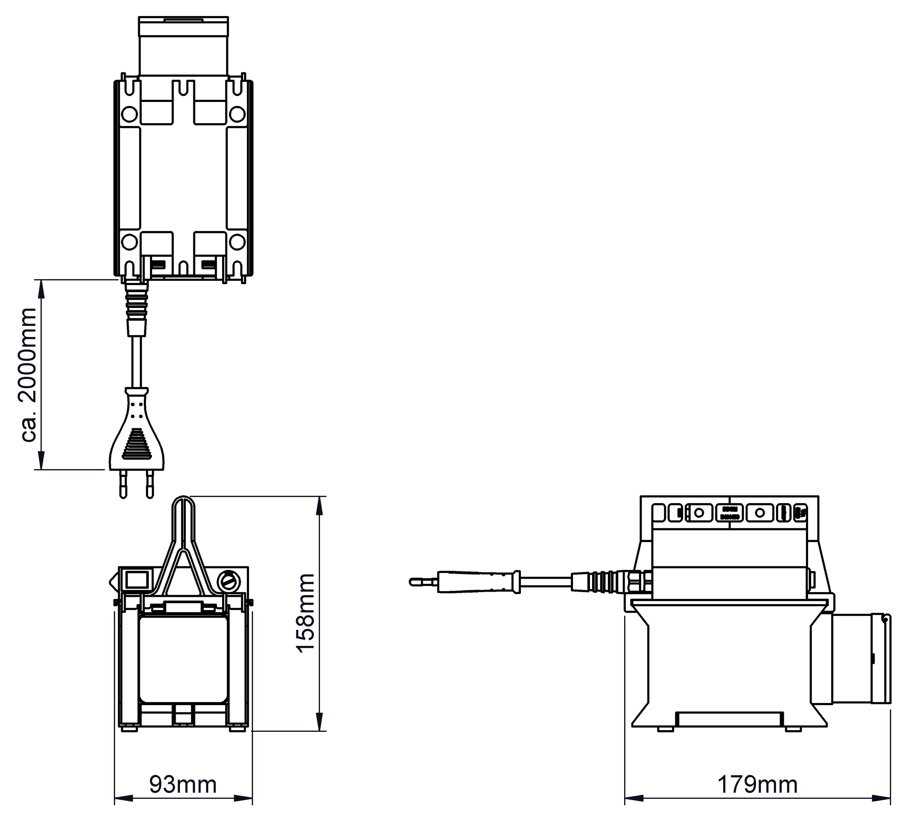Technische Zeichnung eines Elektrogeräts mit Abmessungen: Höhe 158 mm, Breite 93 mm, Länge 179 mm. Kabellänge ca. 2000 mm.
