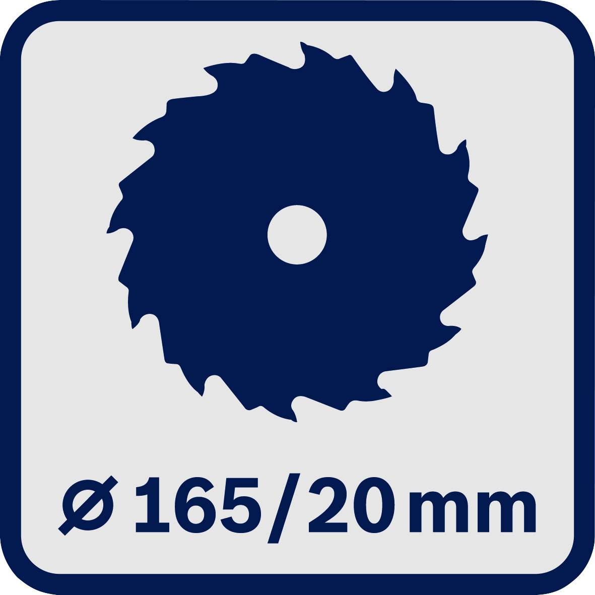 Symbol eines Sägeblattes mit der Beschriftung 'Ø 165/20 mm', das einen Durchmesser von 165 mm und ein Loch von 20 mm darstellt.
