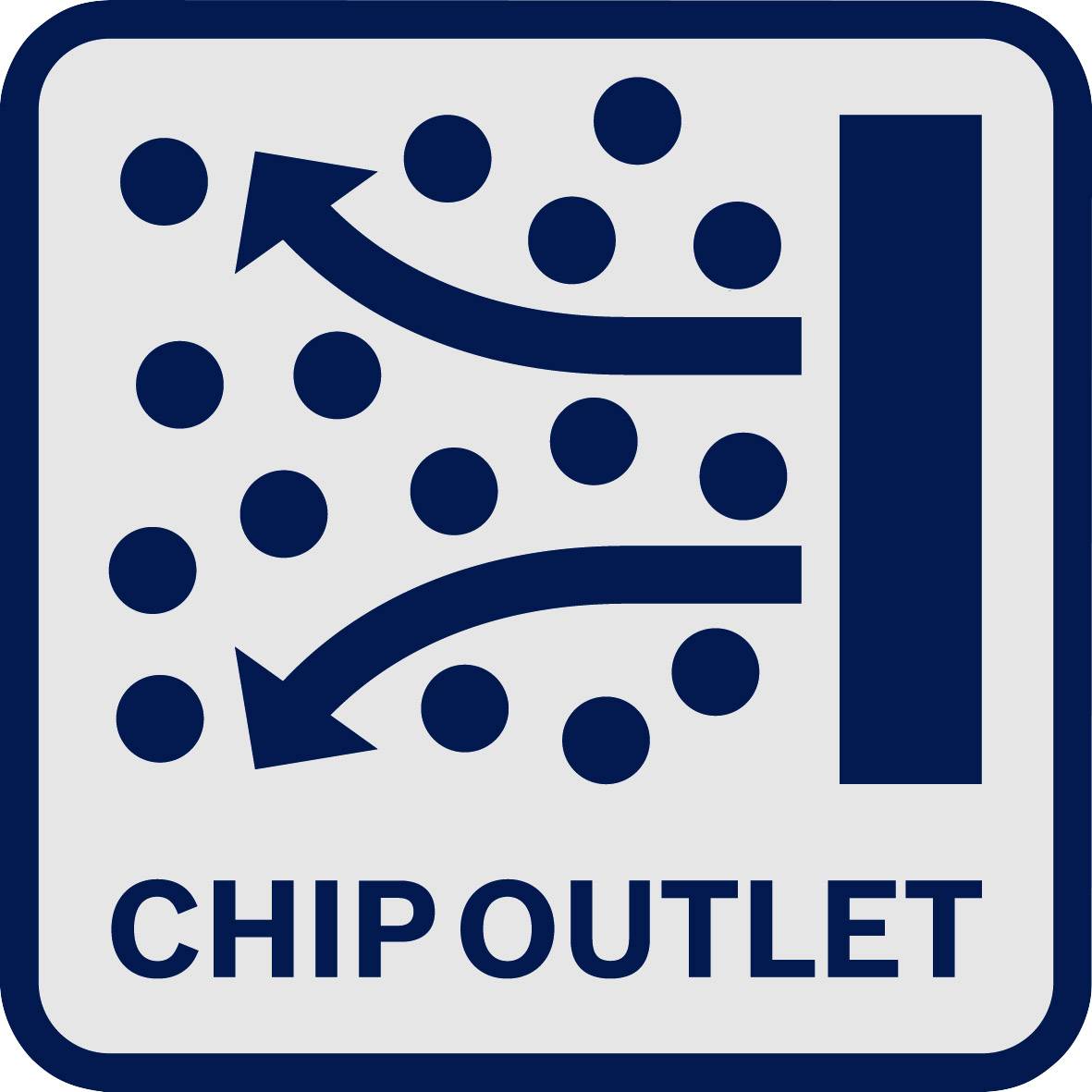 Ein Symbol zeigt zwei Pfeile, die durch Punkte führen, mit der Aufschrift 'Chip Outlet', weist auf einen Chipauslass hin.