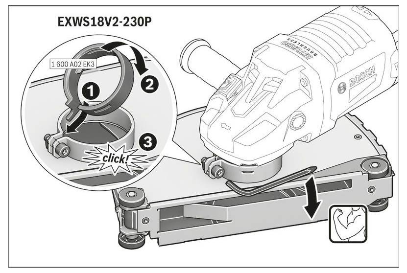 Diagramm, das Installationsschritte für ein Werkzeugteil zeigt. Schritte: 1) Spannvorrichtung ausrichten, 2) Teil sichern, 3) Einrasten. Modell EXWS18V2-230P.