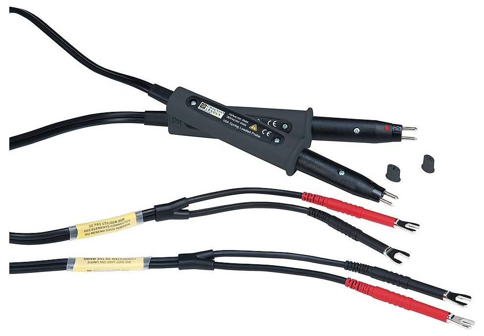 Isolierte Prüfleitungen mit isolierten Messspitzen und Verbindungsklemmen, geeignet für sichere Spannungs- und Durchgangsprüfungen in elektrischen Schaltkreisen.