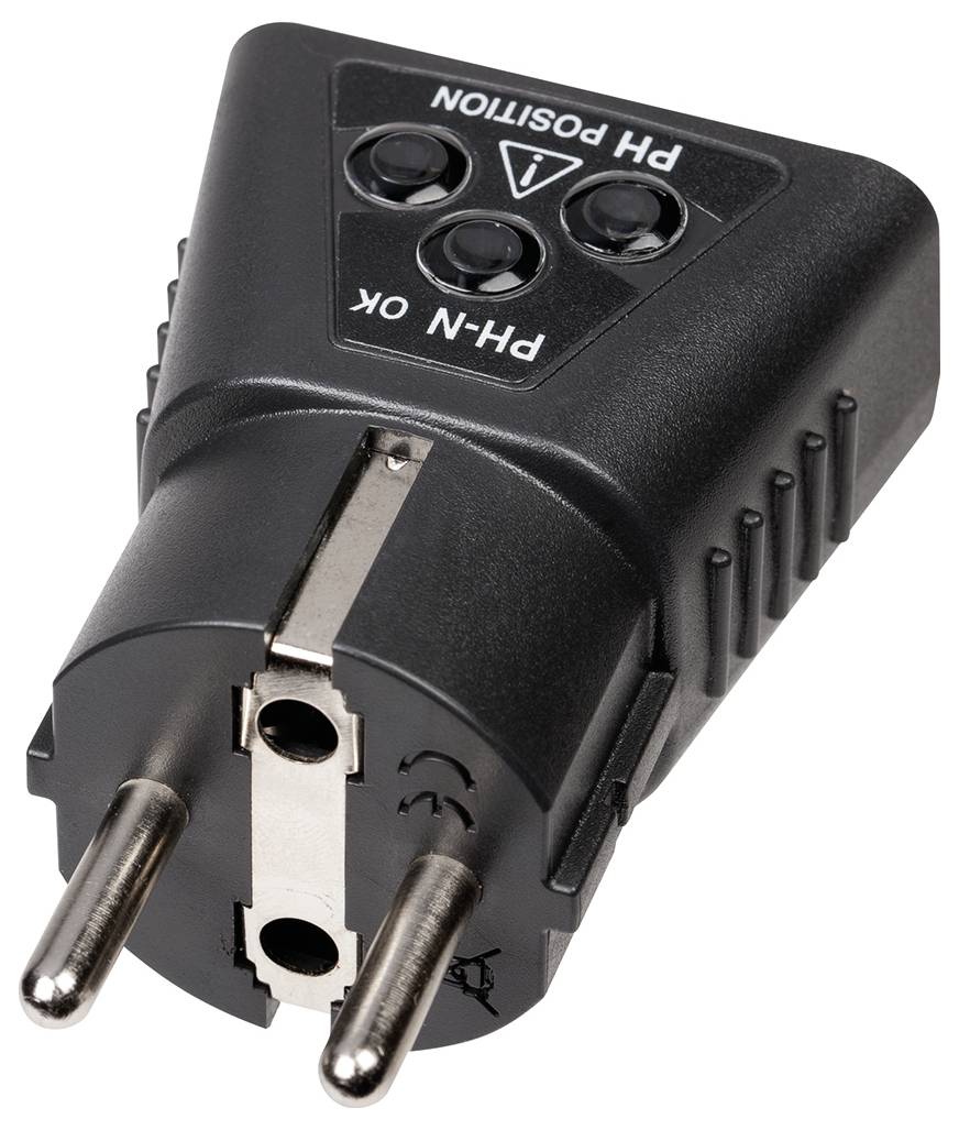 Schwarzer EU-Steckeradapter mit drei Tasten für ph-Position und ph-n ok gekennzeichnet.