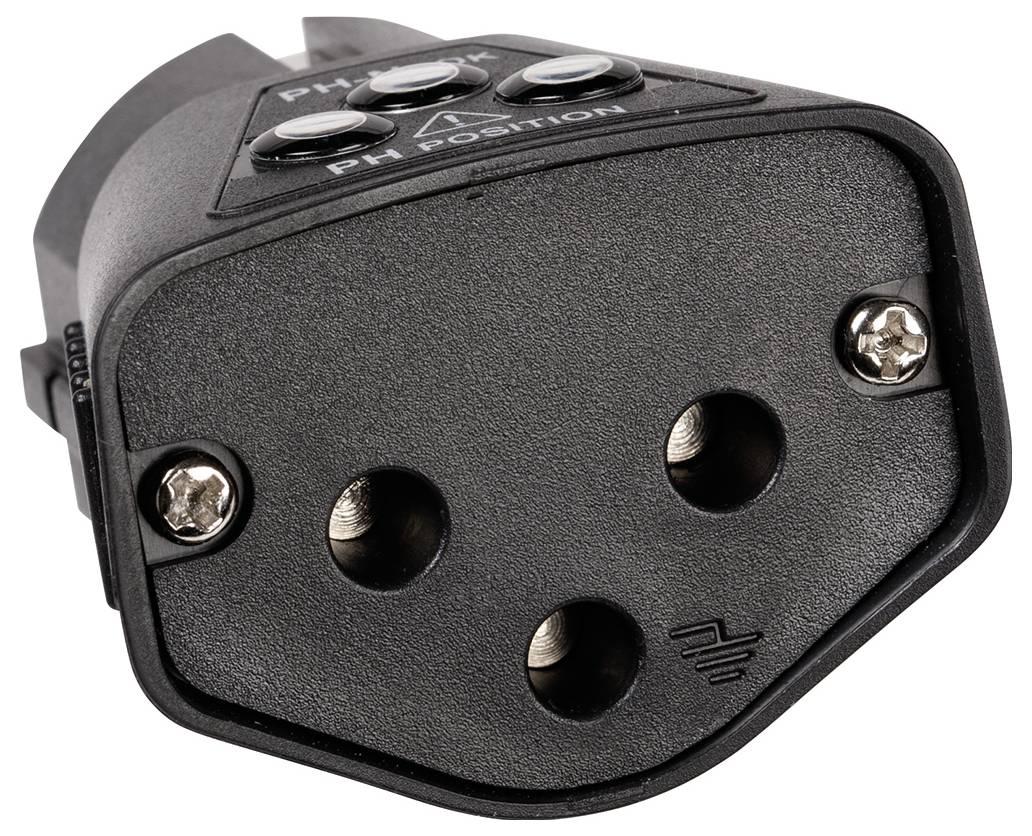 Schwarzer dreipoliger Stecker mit zwei Metallschrauben oben und unten.