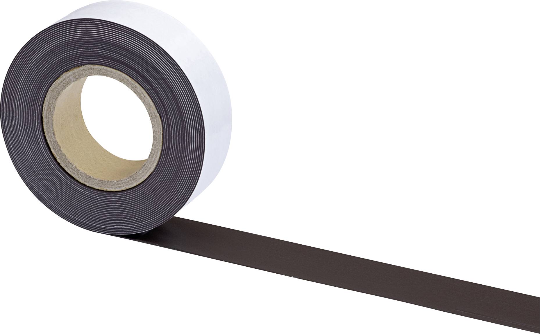 Ein schwarzes Klebeband, teilweise abgerollt, auf einer Rolle sichtbar.