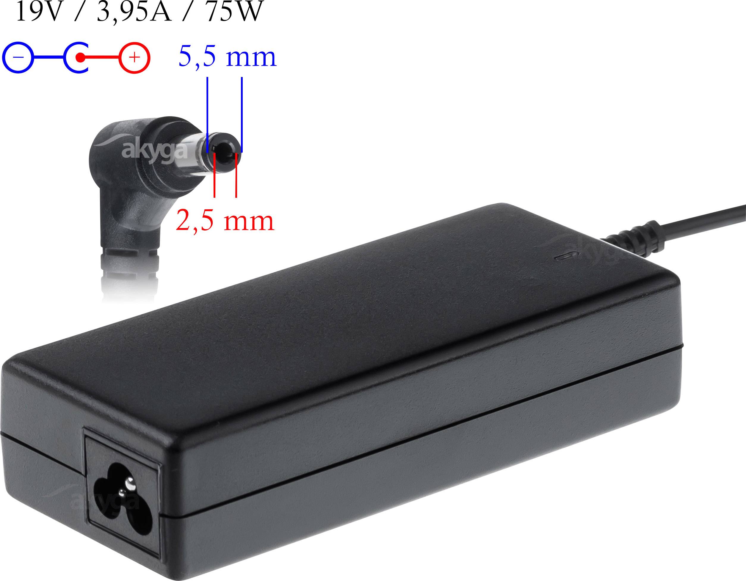 Schwarzes Notebook-Netzteil 19V/3,95A/75W mit 5,5 mm x 2,5 mm Anschluss, geeignet für verschiedene Laptop-Modelle.