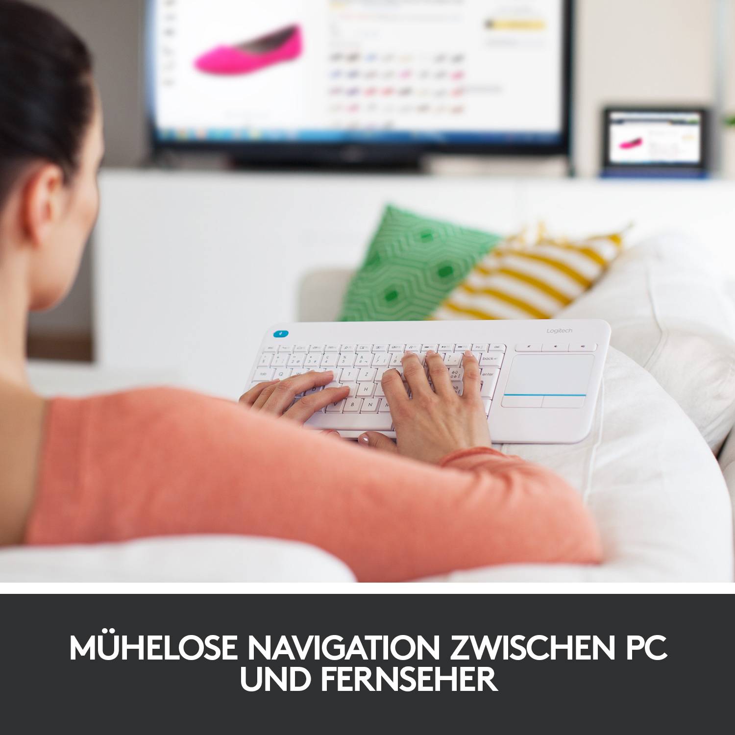 Logitech Wireless K400 Plus Funk Tastatur Deutsch, QWERTZ, Windows® Weiß Integriertes Touchpad, Mau