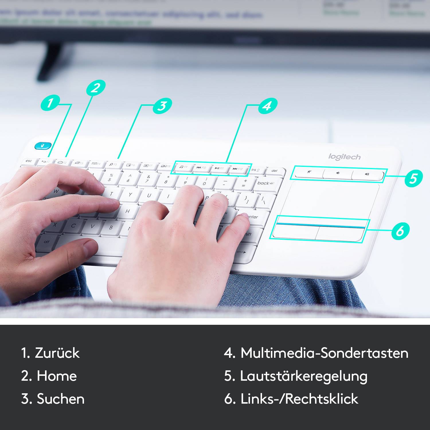 Logitech Wireless K400 Plus Funk Tastatur Deutsch, QWERTZ, Windows® Weiß Integriertes Touchpad, Mau