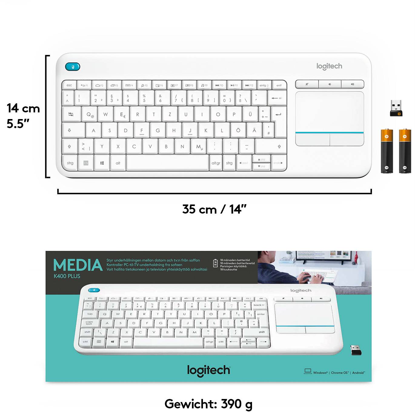 Logitech Wireless K400 Plus Funk Tastatur Deutsch, QWERTZ, Windows® Weiß Integriertes Touchpad, Mau