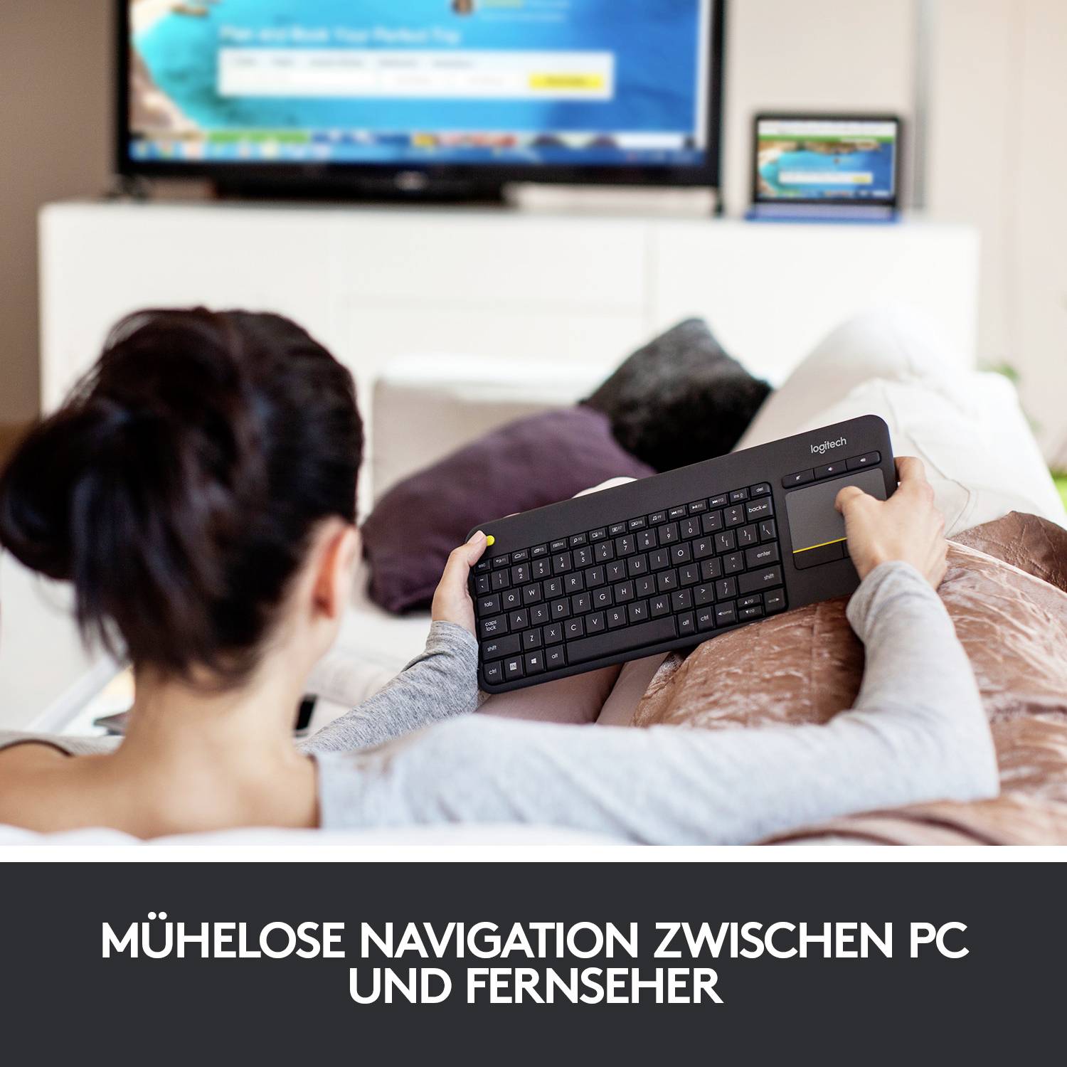 Logitech Wireless K400 Plus Funk Tastatur Deutsch, QWERTZ Schwarz Integriertes Touchpad, Maustasten