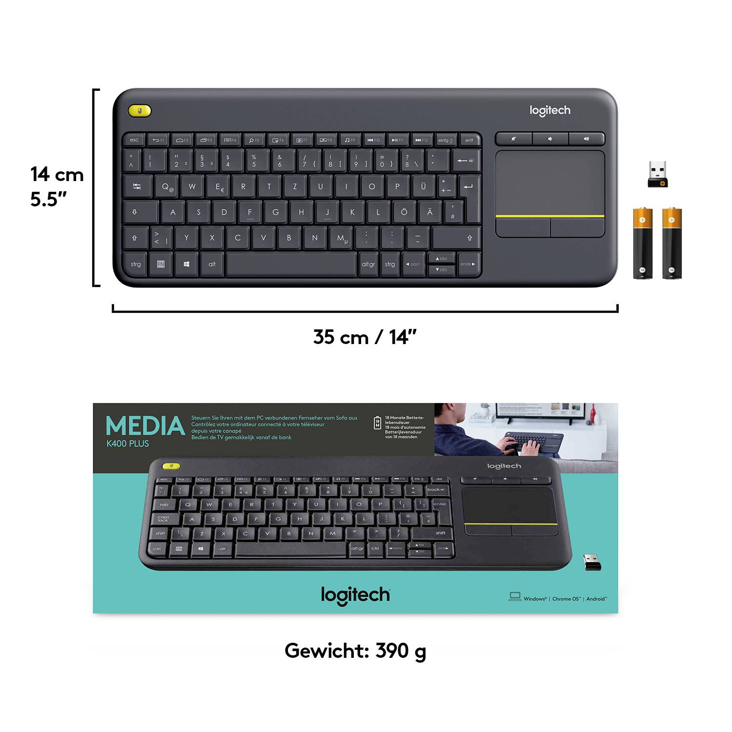 Logitech Wireless K400 Plus Funk Tastatur Deutsch, QWERTZ Schwarz Integriertes Touchpad, Maustasten