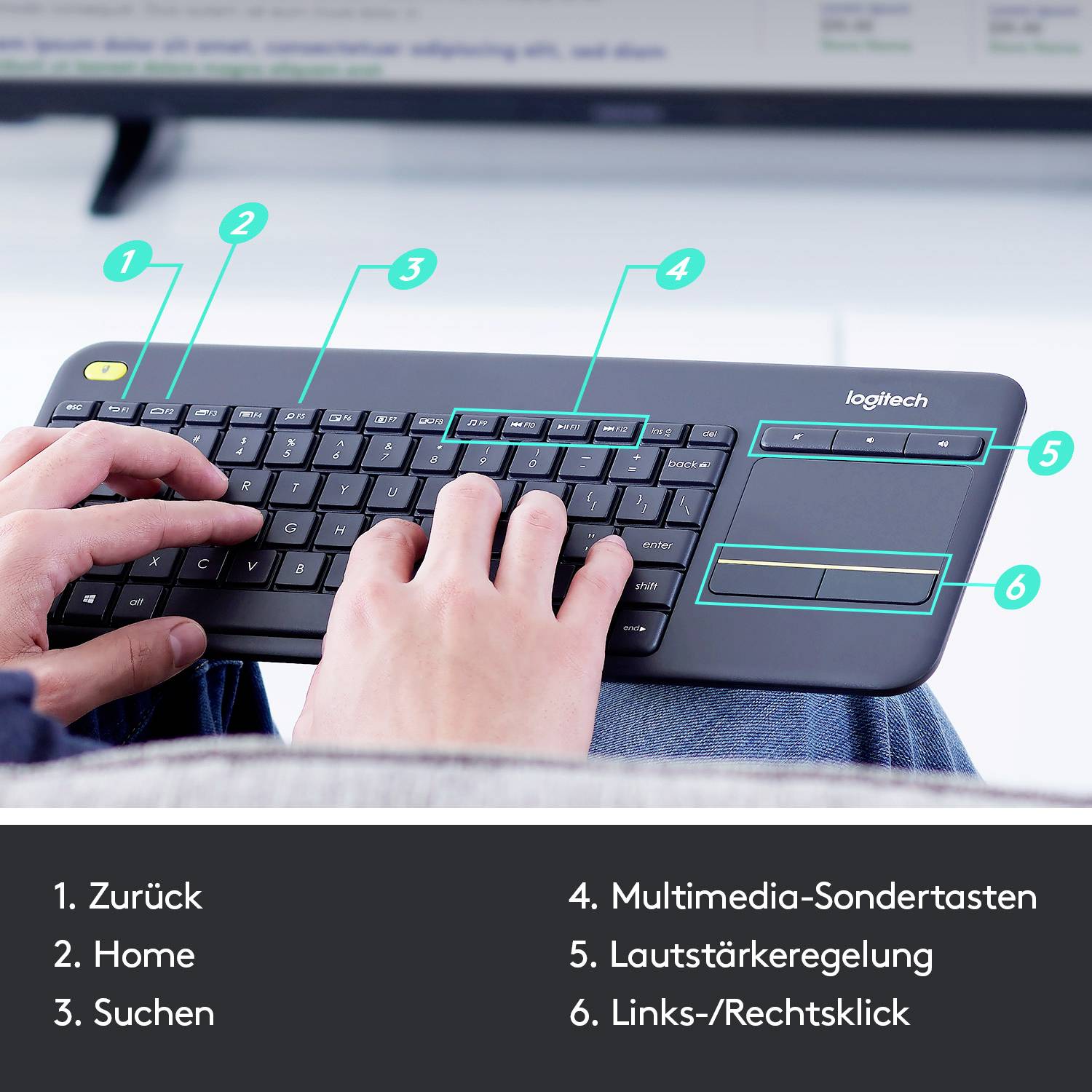 Logitech Wireless K400 Plus Funk Tastatur Deutsch, QWERTZ Schwarz Integriertes Touchpad, Maustasten