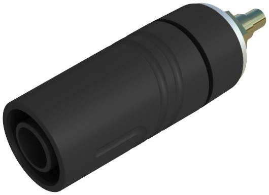 Schwarzer zylindrischer Adapter mit Metallkomponente auf einer Seite, möglicherweise für elektrische Verbindungen.