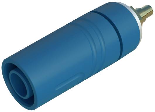 Blauer, zylindrischer Sensor mit goldfarbenem Stecker.