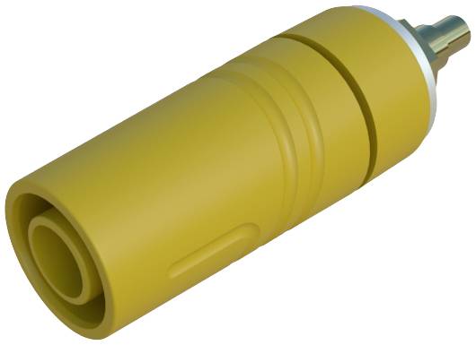 Ein gelber Kunststoffstecker, zylindrisch geformt, mit einem Metallkontakt an einem Ende.