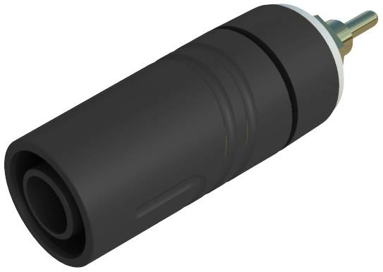 Ein schwarzer, zylindrischer Stecker mit metallenem Anschluss, geeignet für elektronische Anwendungen, mit glatter Oberfläche.