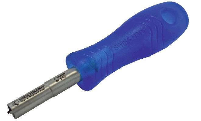 Ein blauer Schraubenzieher mit einem ergonomischen Griff und einem markierten Schaft mit einer Skala und einer Markierung.