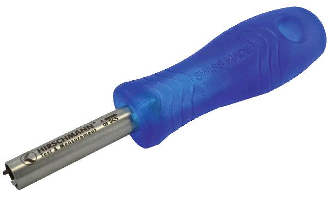 Blauer Griff des RG 59 Abisolierwerkzeugs von Hirschmann zur Kabelvorbereitung.