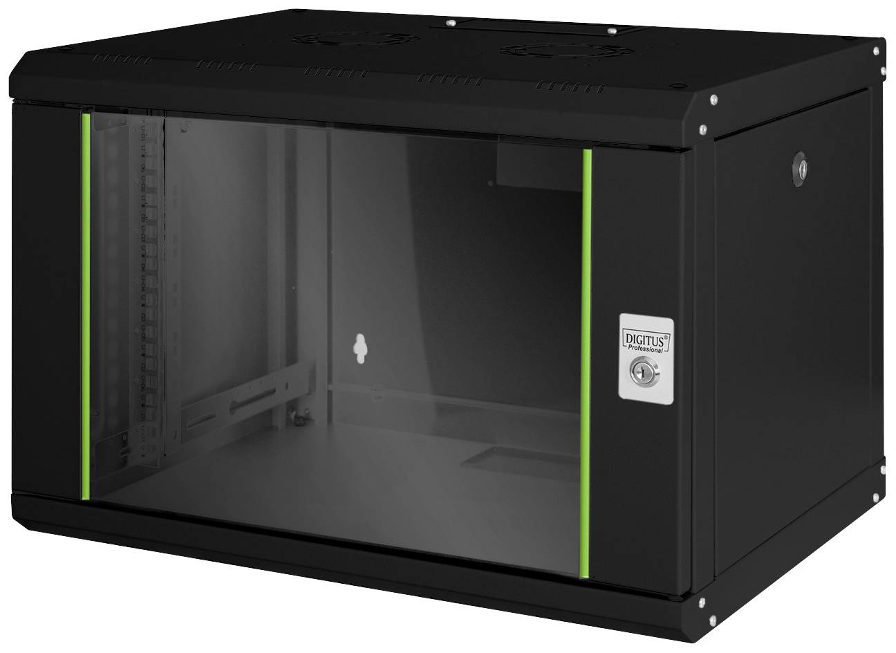 Schwarzes 19-Zoll-Netzwerkschrankwandgehäuse, mit Glastür und grünem Streifendesign, geeignet zur sicheren Aufbewahrung von Servern und IT-Ausrüstung.