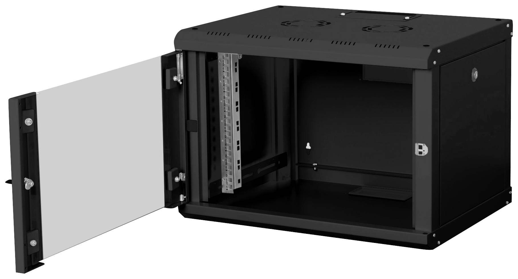 Ein schwarzer, offener Wandschrank mit durchsichtiger Glastür, geeignet zur Aufnahme von Netzwerk- oder Servergeräten.