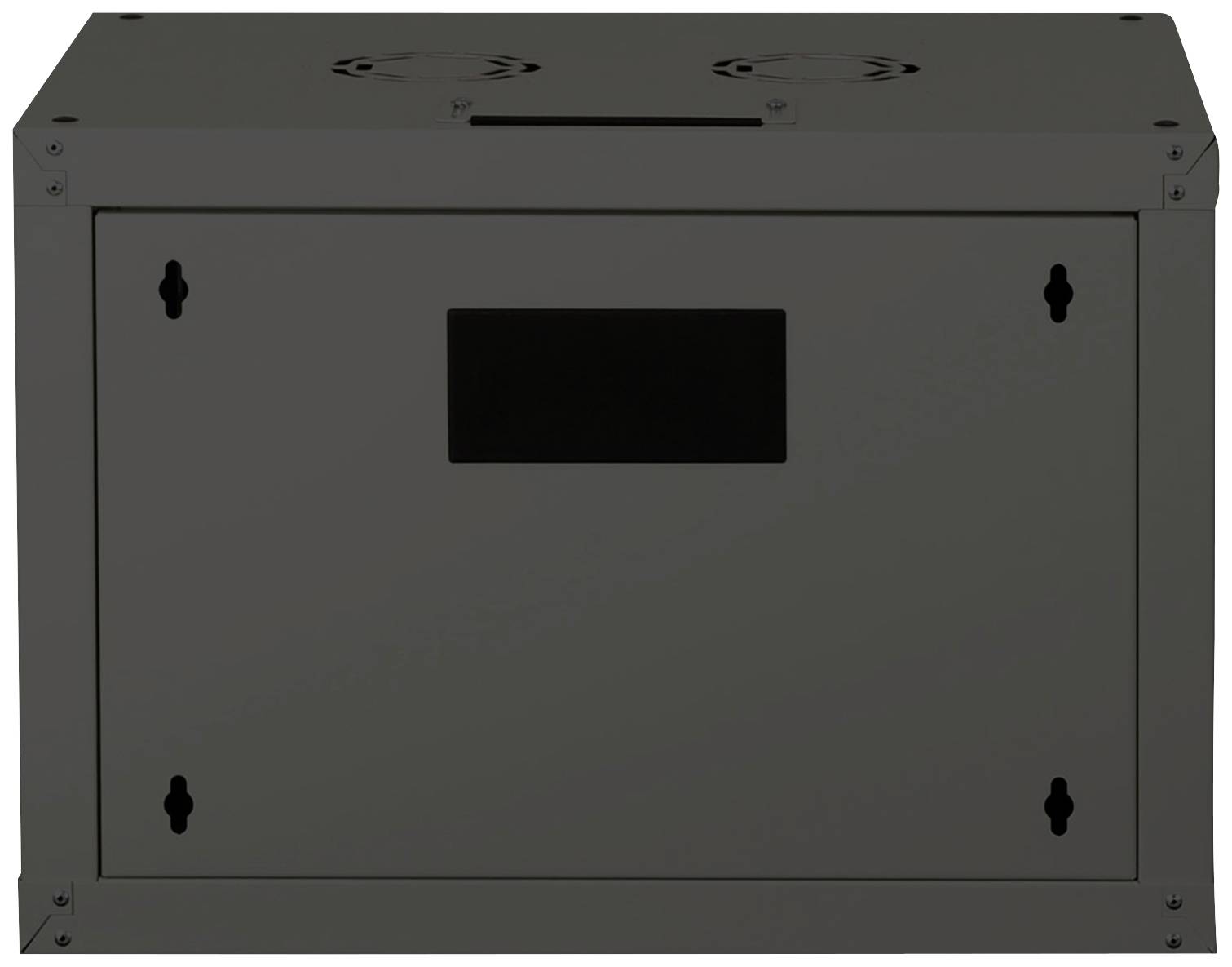 Ein grauer Metallschrank mit Belüftungslöchern oben und einer schwarzen Rechteckfläche in der Mitte der Vorderseite.