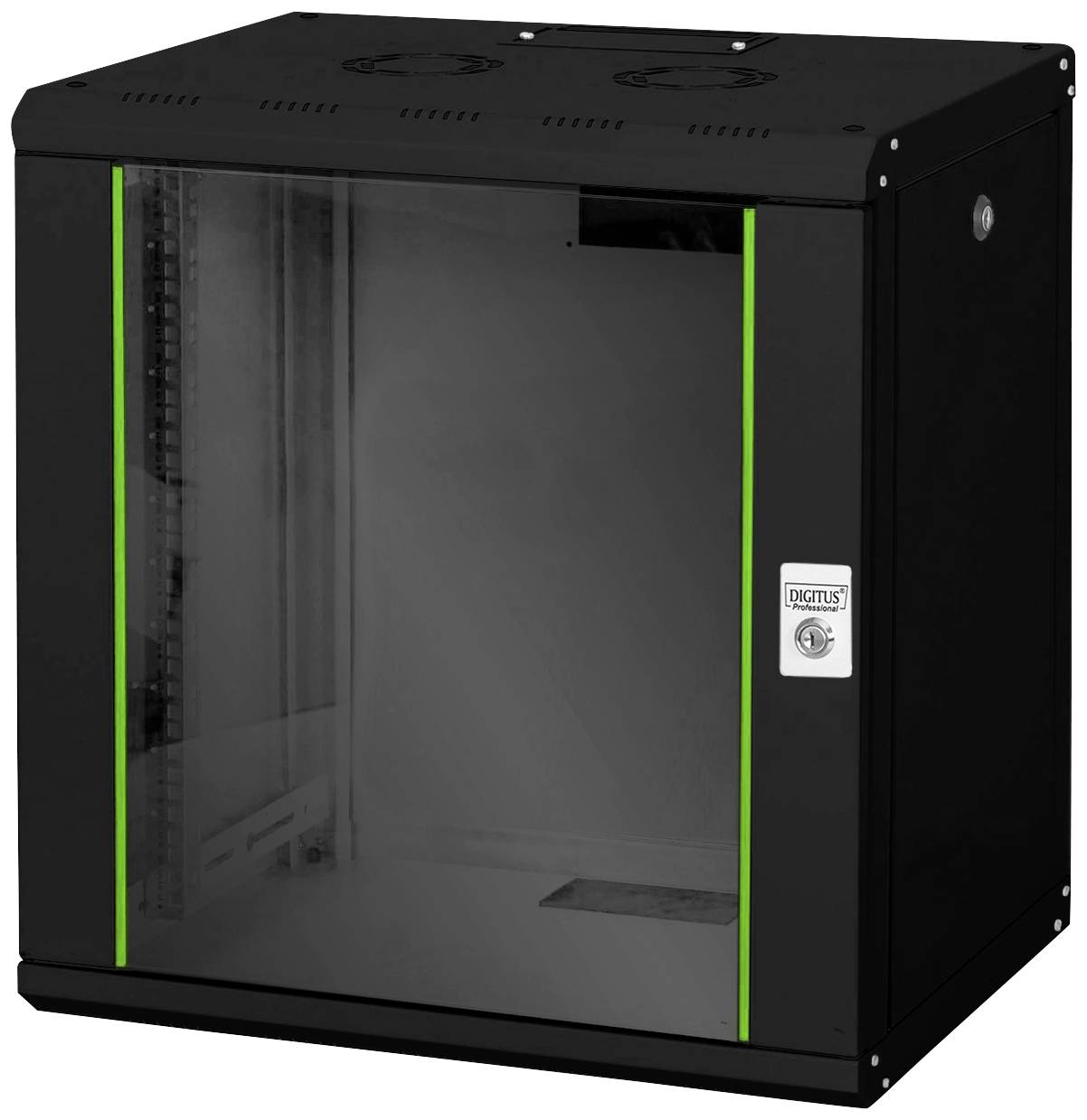 Server-Rack mit Glastür und grünen Akzenten, geeignet zur Wandmontage. Bietet Platz zur sicheren Unterbringung von Server-Komponenten.