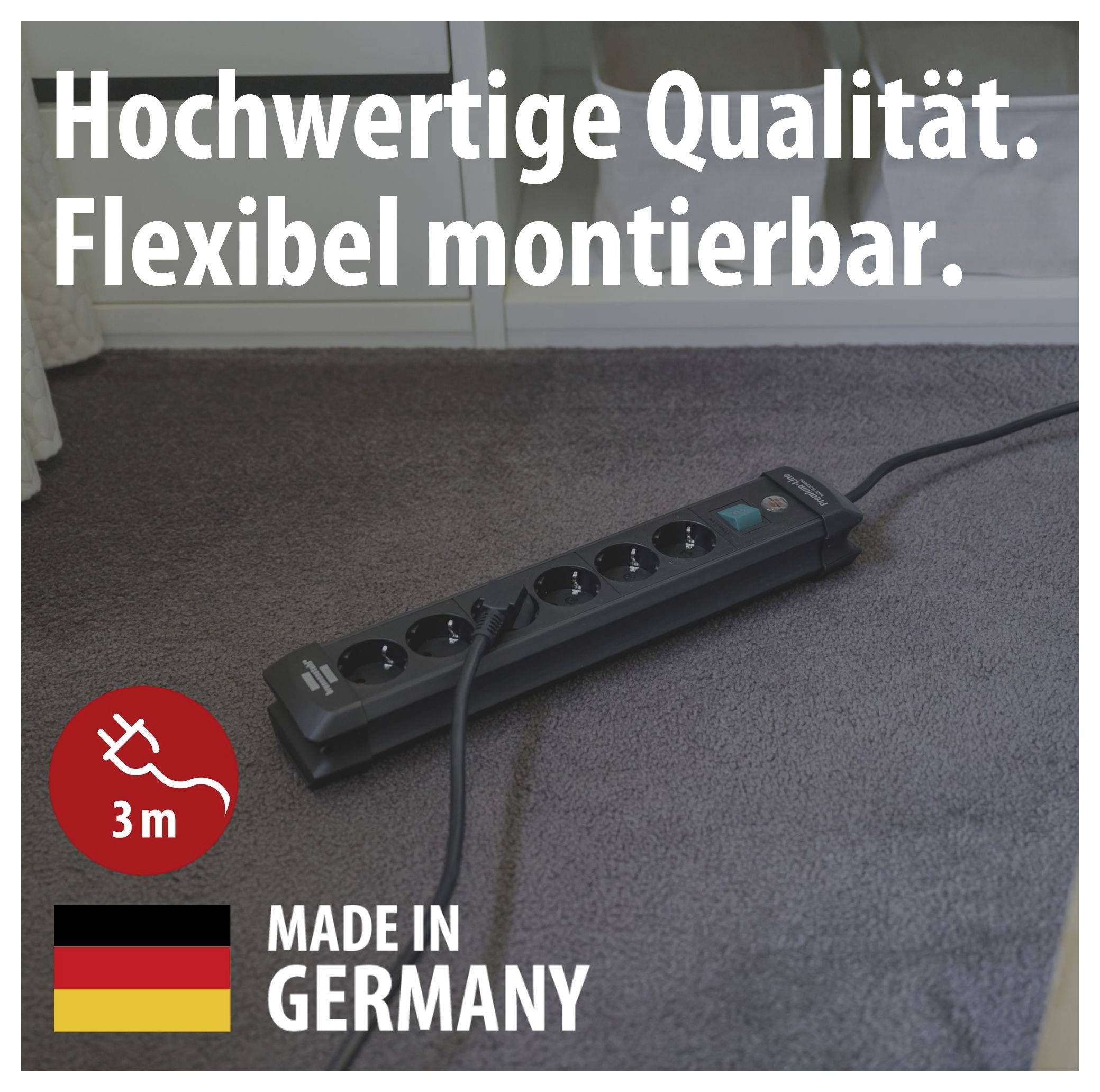 Schwarze Steckdosenleiste auf Teppich mit Kabel; Text: 'Hochwertige Qualität. Flexibel montierbar.', 3 m, 'Made in Germany'.
