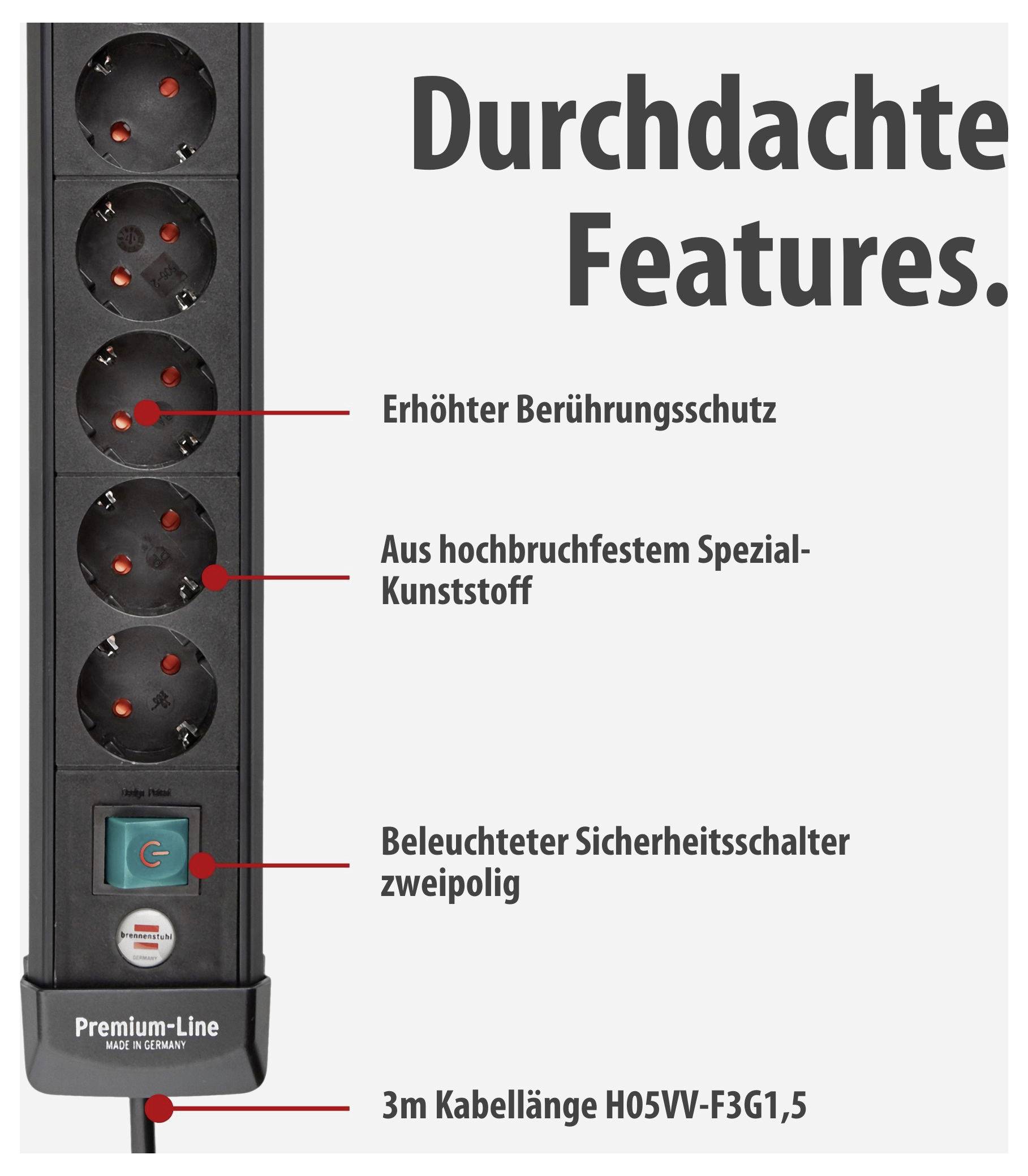 Mehrfachsteckdose der Premium-Line mit 5 Steckplätzen und beleuchtetem Zweipol-Schalter; hervorgehoben sind Berührungsschutz, bruchfestes Kunststoffgehäuse und 3 m Kabel.