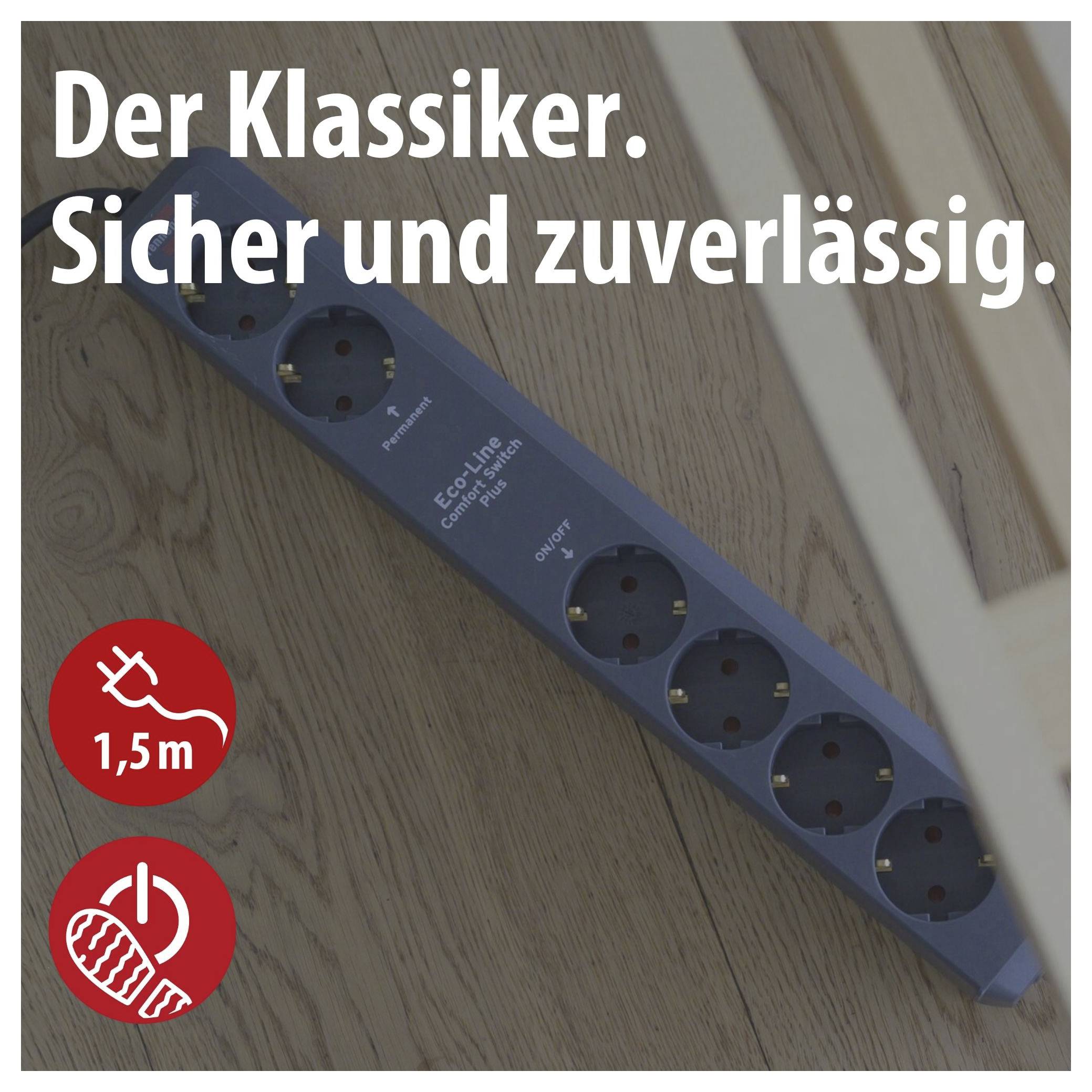 Steckdosenleiste auf Holzboden mit Text 'Der Klassiker. Sicher und zuverlässig.' und Symbolen für 1,5 m Kabel und Innenbereich.