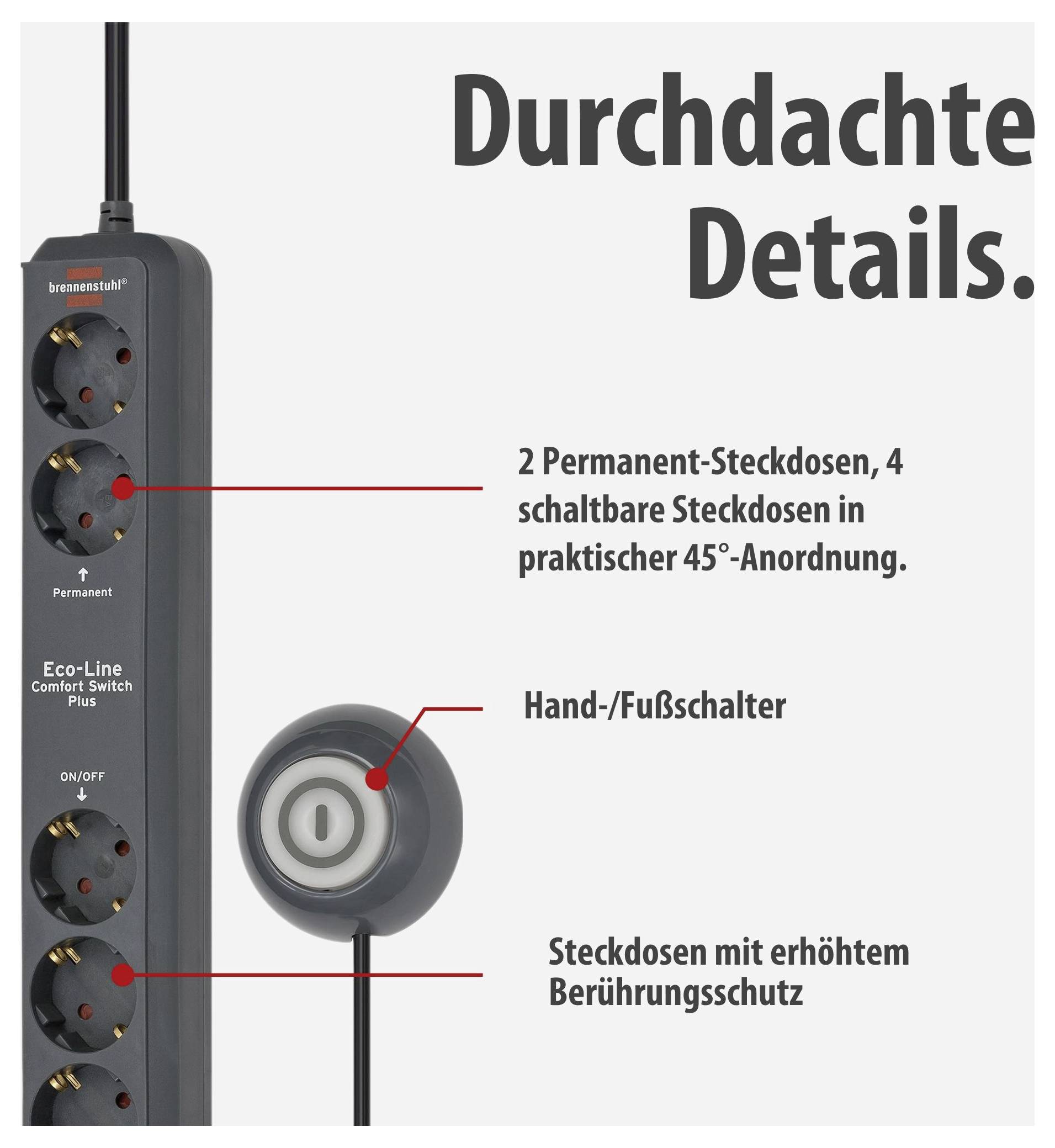 Werbegrafik einer schwarzen Steckdosenleiste mit mehreren Steckdosen und Hand-/Fußschalter; hebt 2 permanente und 4 schaltbare Steckdosen sowie erhöhten Berührungsschutz hervor.