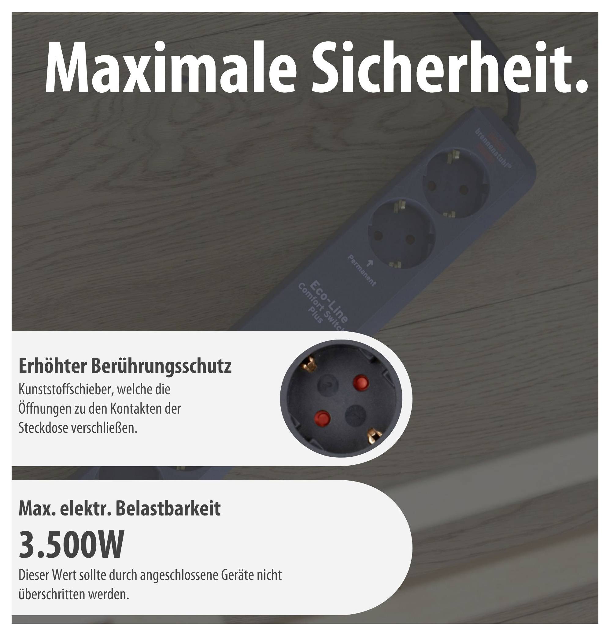 Werbeplakat für eine Steckdosenleiste mit dem Titel 'Maximale Sicherheit'; betont Berührungsschutz und maximale elektrische Belastbarkeit von 3.500 W.