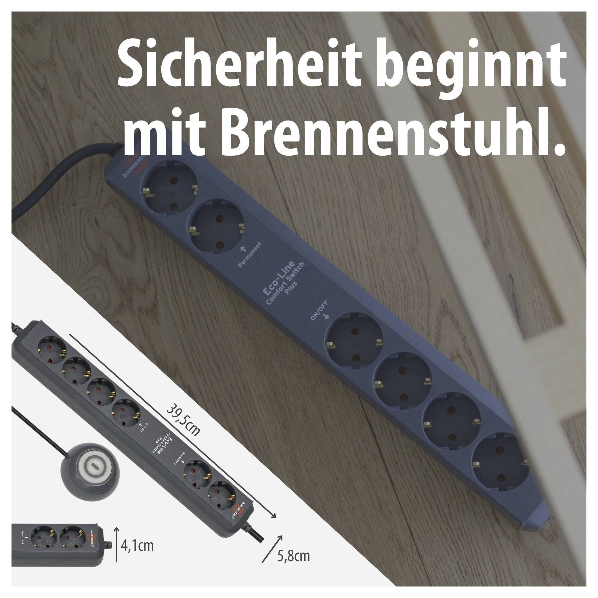 Werbebild einer Brennenstuhl-Steckdosenleiste auf Holzboden mit dem Text 'Sicherheit beginnt mit Brennenstuhl.'; zeigt Maße und mehrere Steckplätze.
