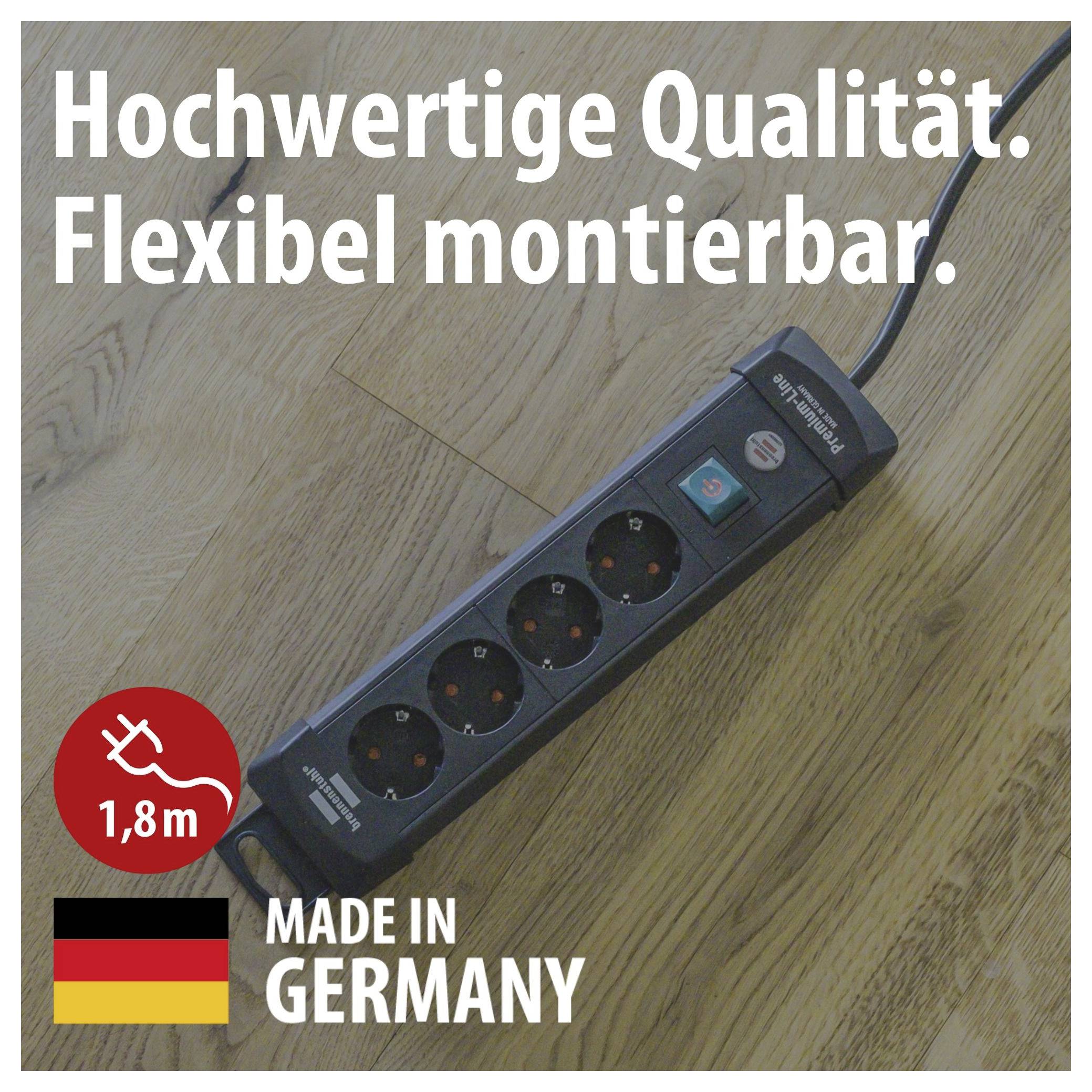 Mehrfachsteckdose auf Holzfußboden mit Text 'Hochwertige Qualität. Flexibel montierbar.', 1,8 m Kabel und 'Made in Germany'-Hinweis.