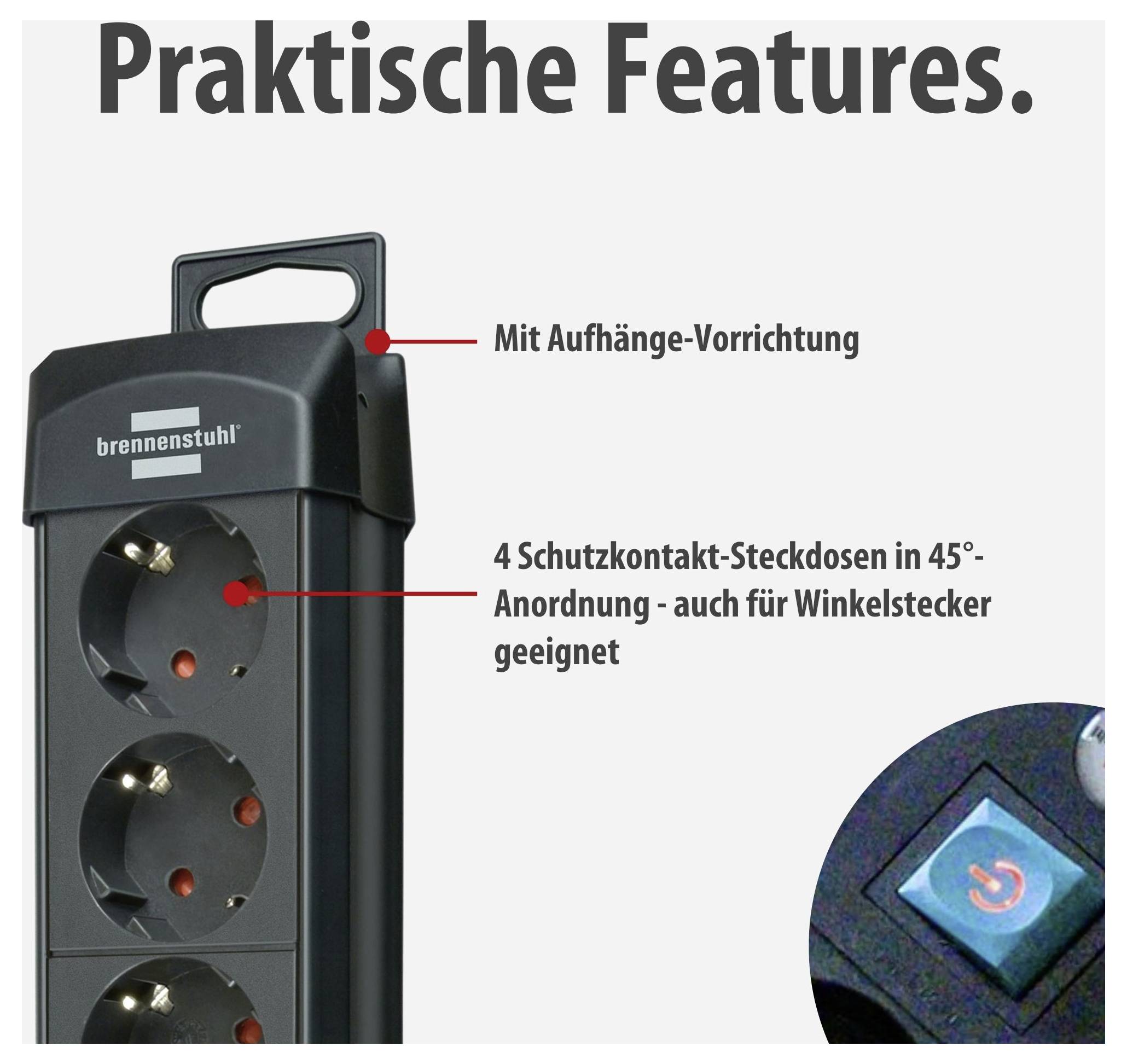 Steckdosenleiste mit Tragegriff und Aufhänge-Vorrichtung, 4 Schutzkontakt-Steckdosen in 45°-Anordnung; Detail zeigt beleuchteten Ein-/Ausschalter.