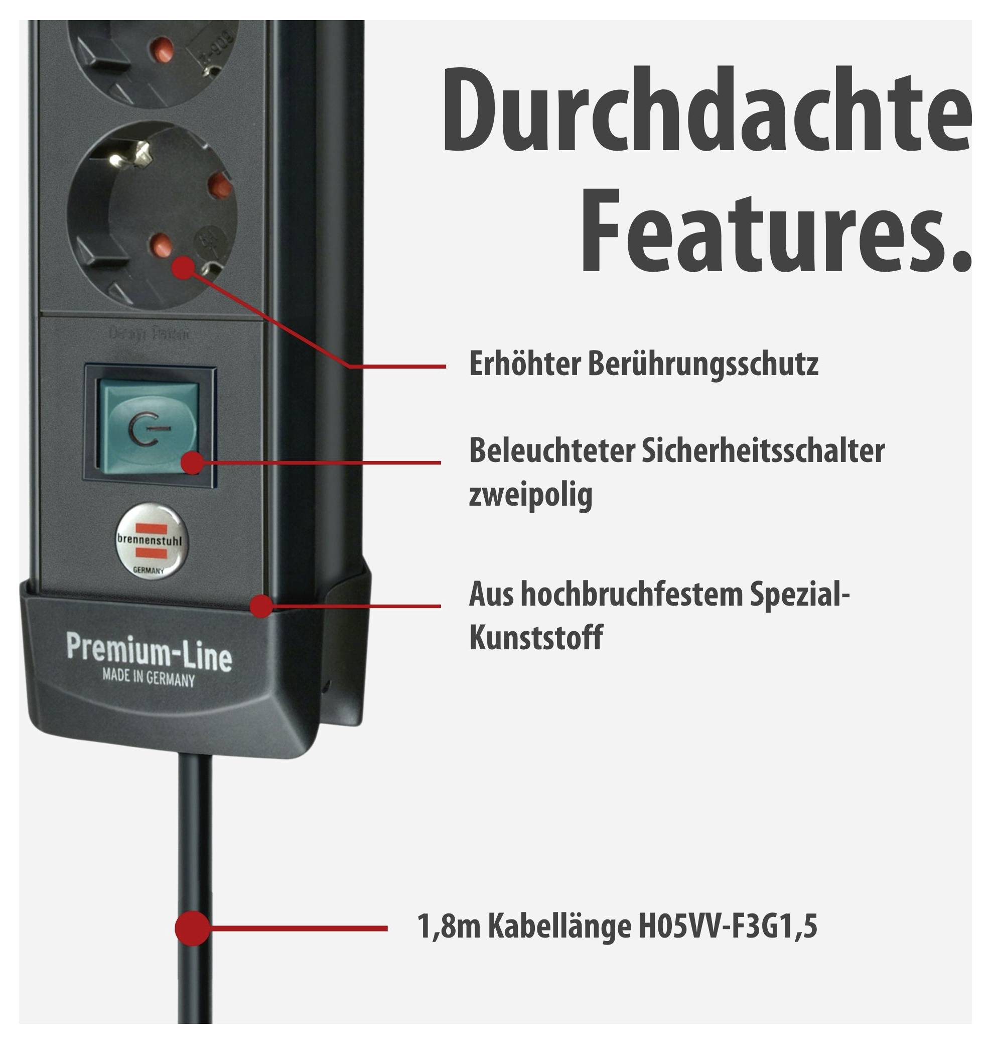 Produktabbildung einer Steckdosenleiste mit den Hinweisen 'Erhöhter Berührungsschutz', 'Beleuchteter Sicherheitsschalter zweipolig', 'Aus hochbruchfestem Spezial-Kunststoff' und '1,8m Kabellänge H05W-F3G1,5'.