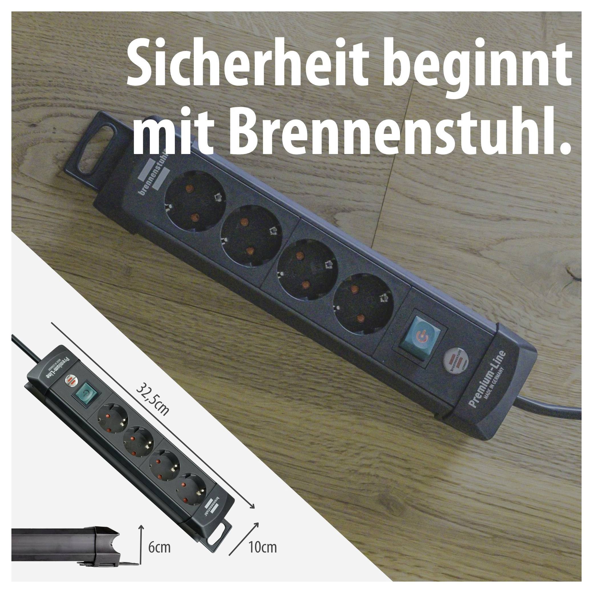 Steckdosenleiste von Brennenstuhl auf Holzboden; Text: 'Sicherheit beginnt mit Brennenstuhl.'; unten Maßangaben 32,5 cm, 6 cm und 10 cm.