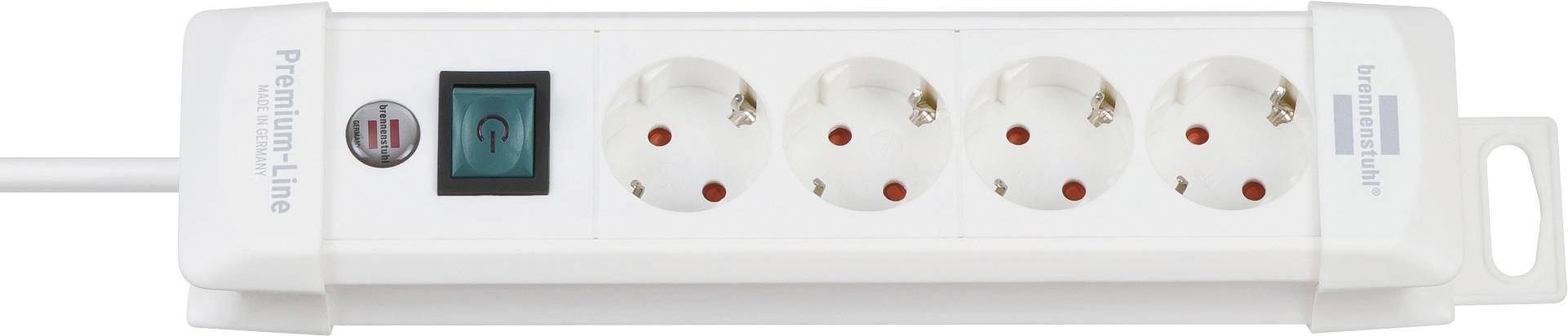 Weiße Steckdosenleiste mit vier Steckdosen, einem roten Wippschalter und einer blauen Kontrollleuchte, gezeigt vor einem einfachen weißen Hintergrund.