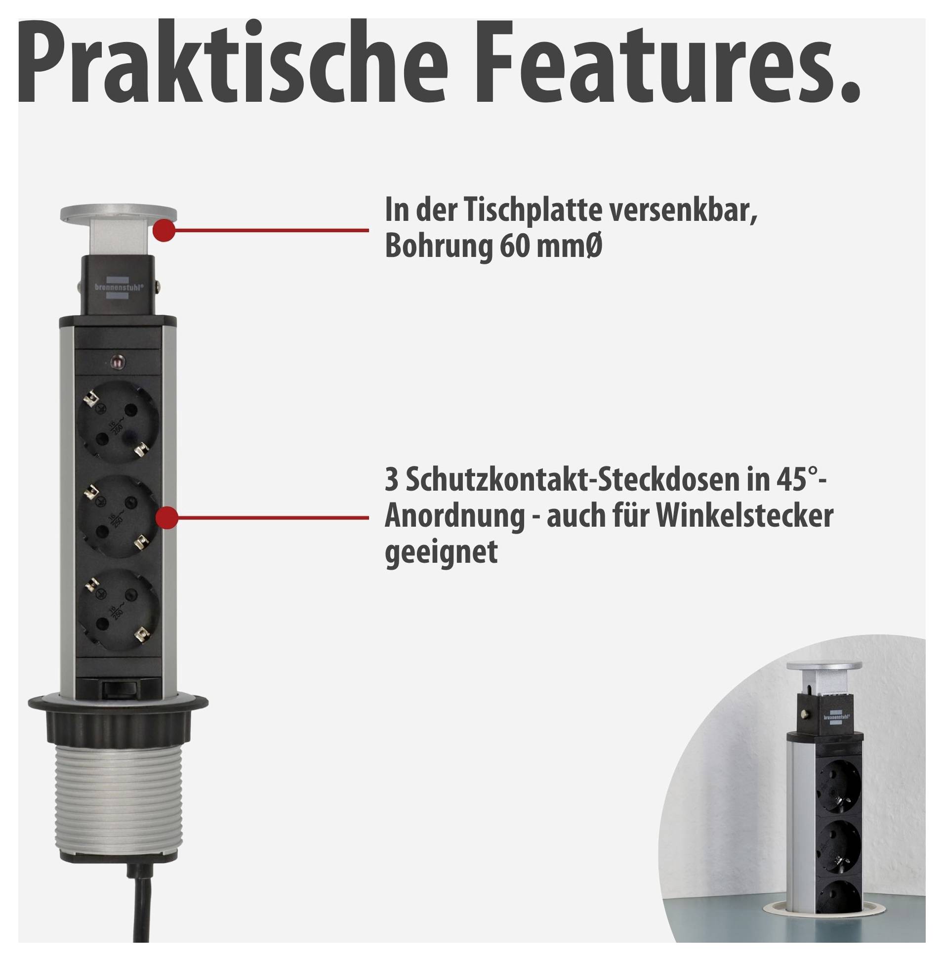 Versenkbare Tischsteckdose mit 3 Schutzkontakt-Steckdosen; Bohrung 60 mm, 45°-Anordnung, auch für Winkelstecker geeignet.