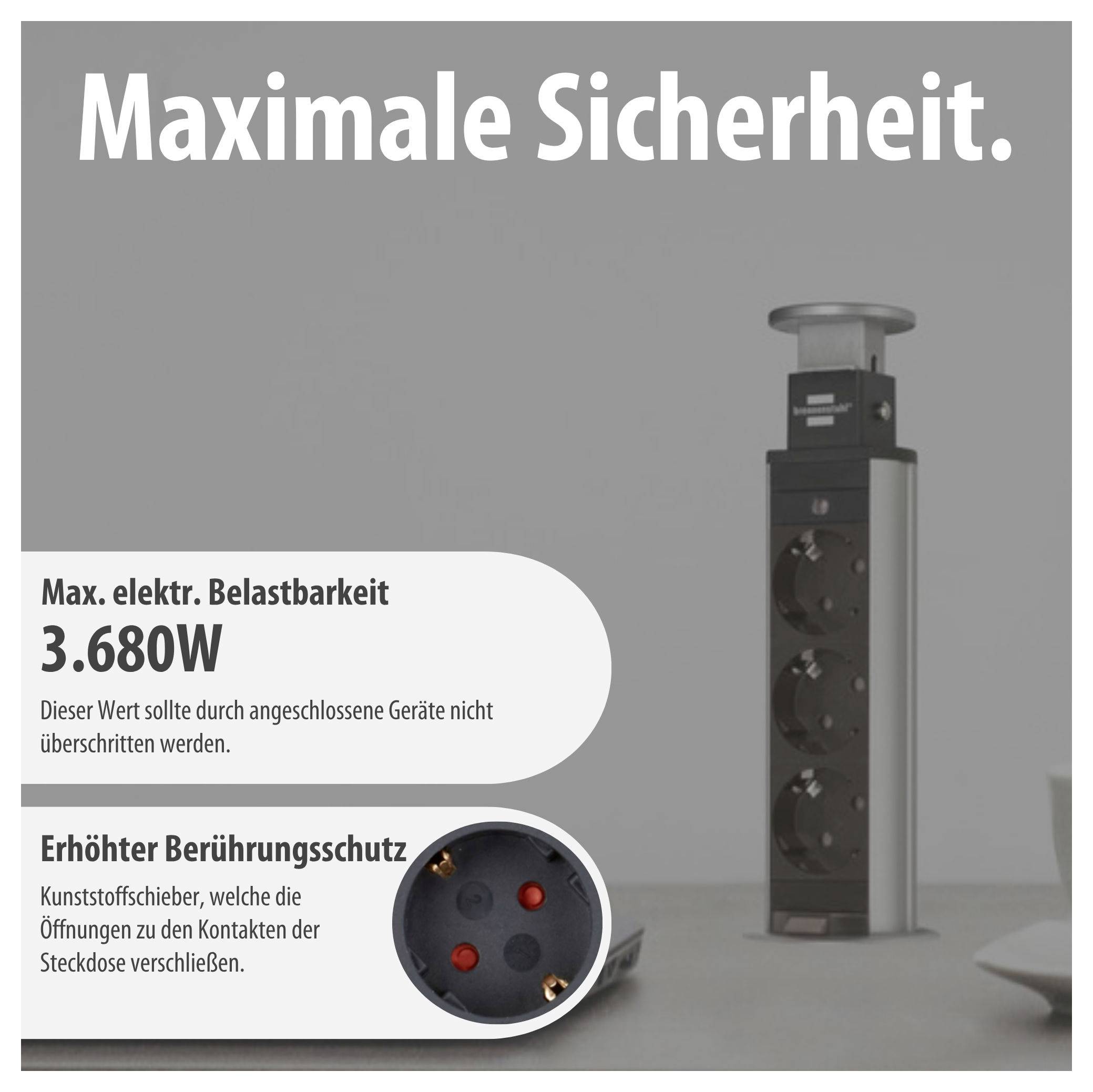 Werbeanzeige für eine Steckdosenleiste mit 'Maximale Sicherheit.'; genannt werden 3.680 W Maximalbelastung und erhöhter Berührungsschutz durch Kunststoffschieber.