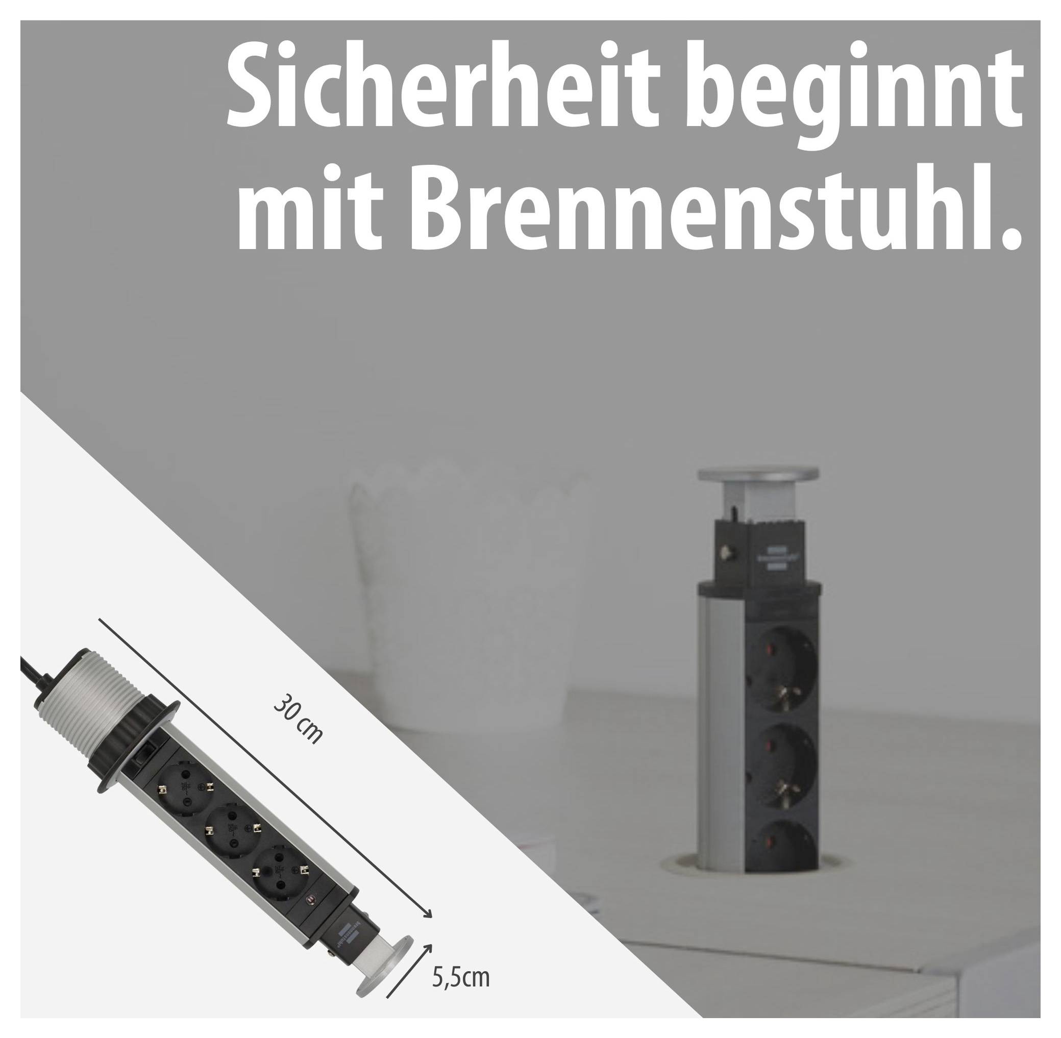 Werbeanzeige für Brennenstuhl: Steckdosenleiste mit ausfahrbarem Gehäuse; Text 'Sicherheit beginnt mit Brennenstuhl.'; Längenangaben 30 cm und 5,5 cm.