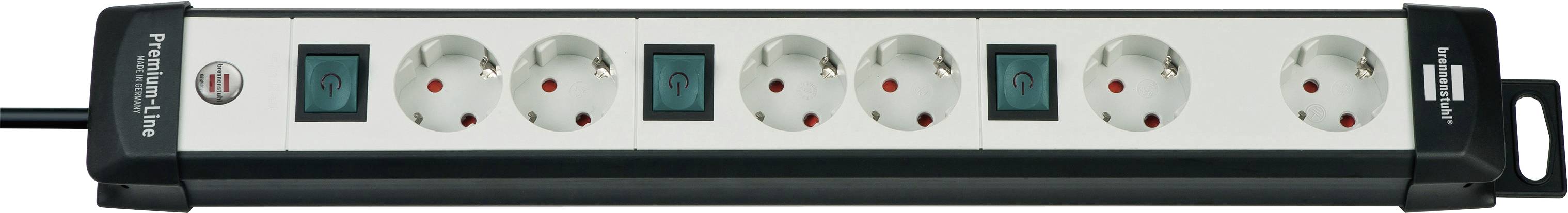 Eine Rack-Mount-Steckdosenleiste mit sechs europäischen Steckdosen, zwei beleuchteten Wipschaltern und schwarzen Endbeschlägen.