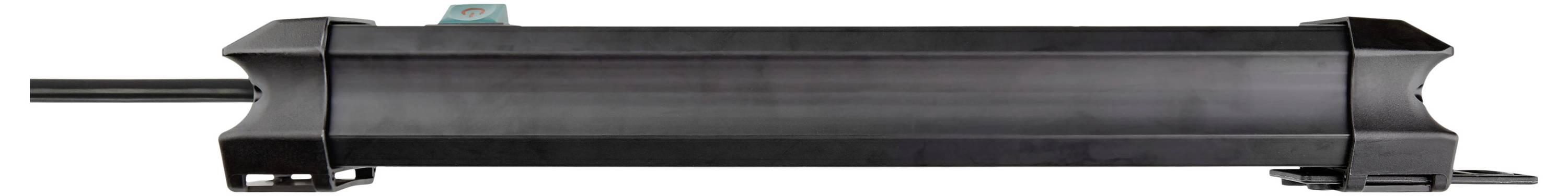 Schwarze zylindrische Stange oder Stab mit spitzen Metallenden und einem kleinen blaugrünen Clip oben, horizontal auf weißem Hintergrund dargestellt.