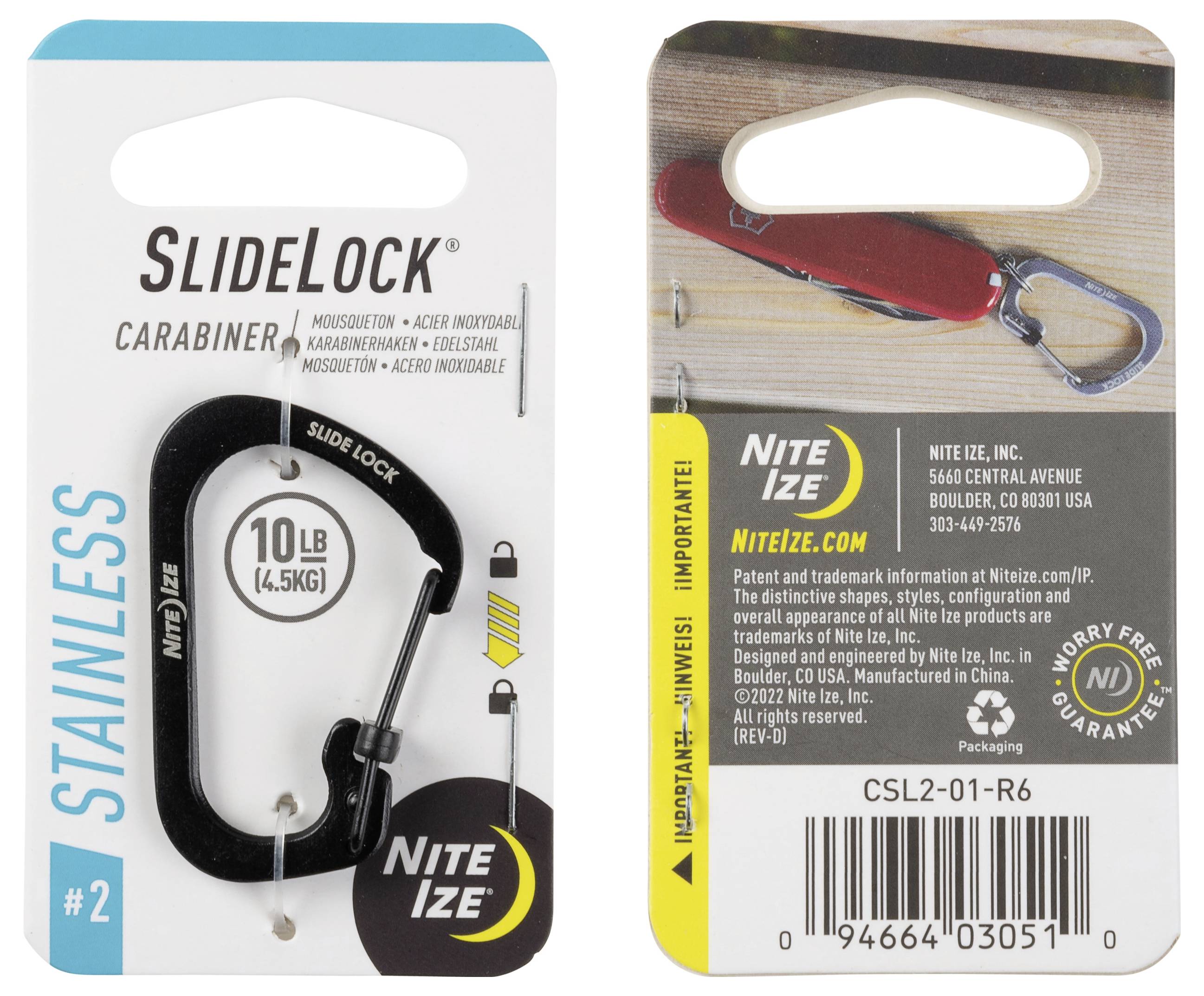 'SlideLock Karabiner' Verpackung. Die linke Seite zeigt einen schwarzen Karabiner mit einer Tragfähigkeit von 10 Pfund (4,5 kg). Die rechte Seite listet Kontaktinformationen von Nite Ize und Garantiedetails auf.